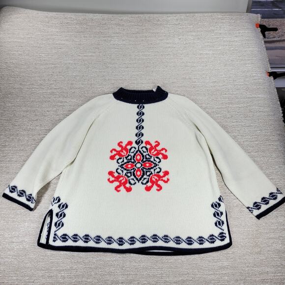 Vintage Nordic Knit Sweater Cream Red Navy Mock Neck Acrylic Wool Blend @L/XL - Picture 2 of 16